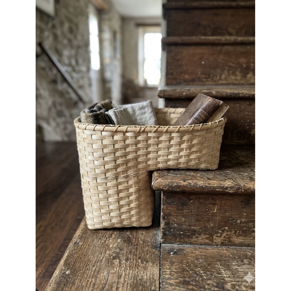 Handmade Stair Step Wicker Woven Basket Rustic Farm Cottage Core 16.5"L  9W 14"D